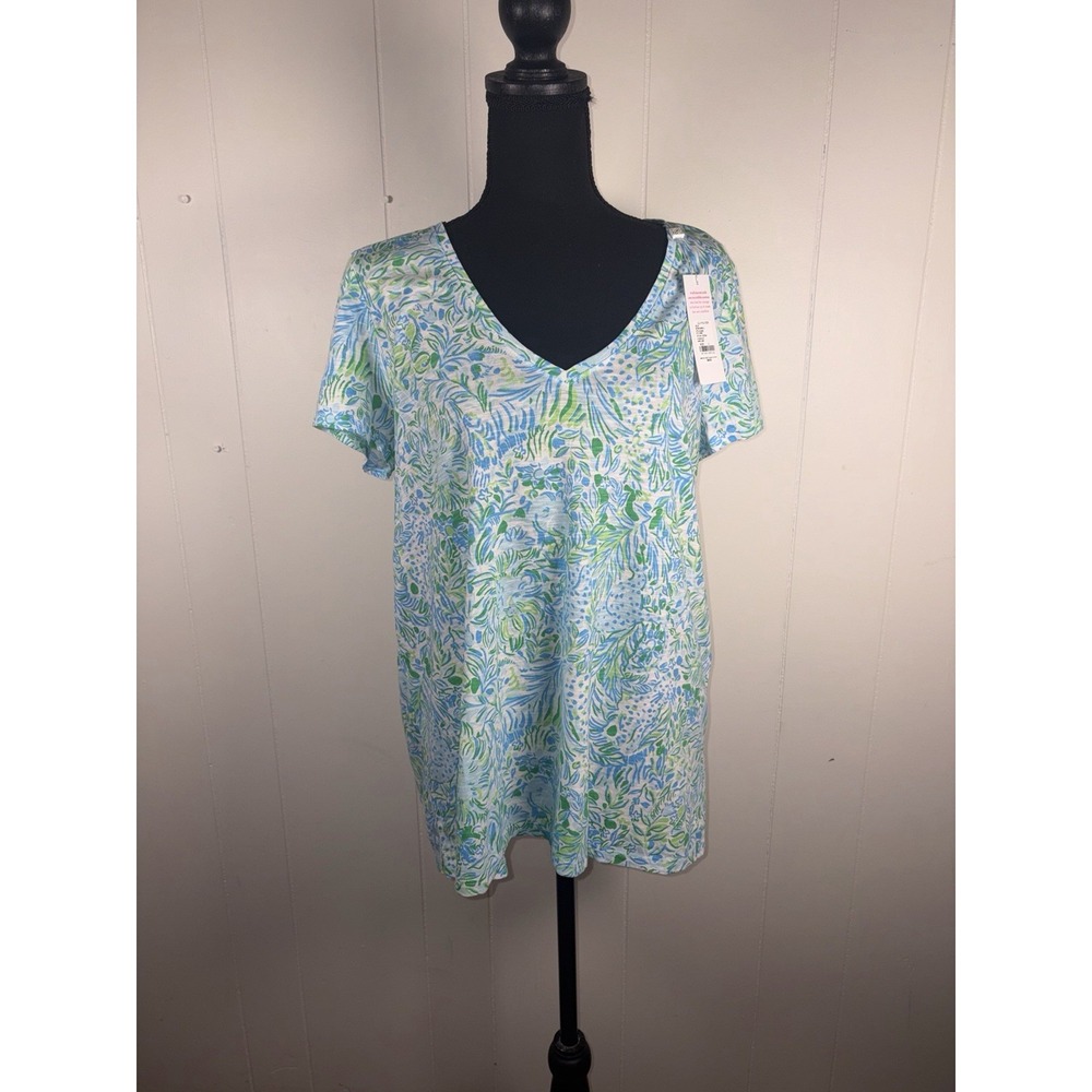 NWT Lilly Pulitzer Etta V-Neck Top Dandy Lions Hydra Blue Large